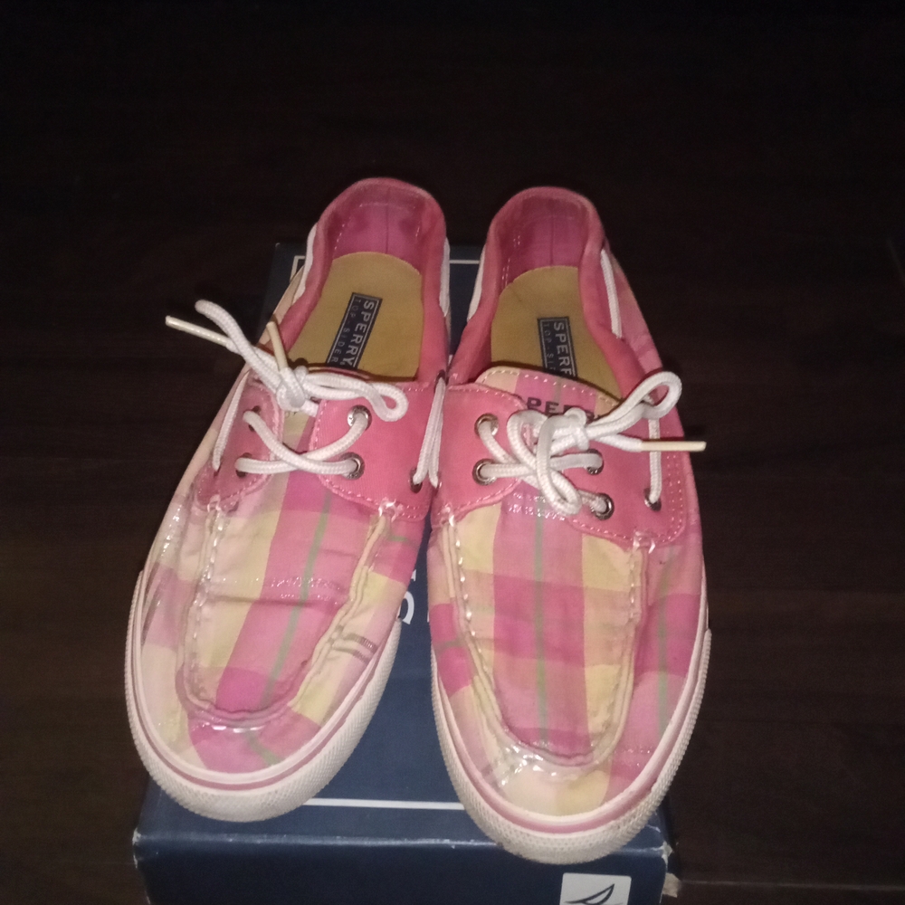 Sperry Pink & Yellow Plaid Canvas Boat Shoes